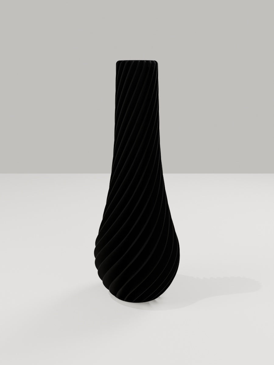 Spiral Vase No. 02 in Kohlschwarz – quelia Dekovase aus dem 3D-Druck